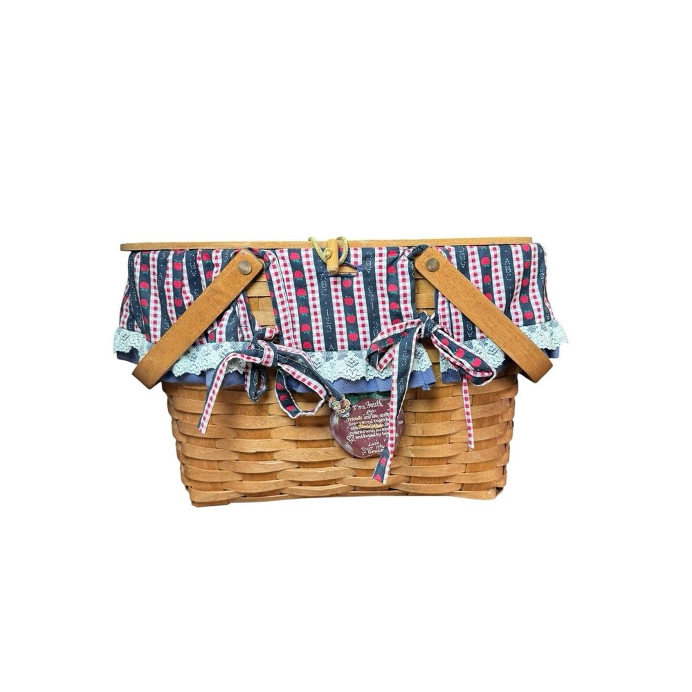 Longaberger Large Picnic Basket With Apples Liner And Wooden Lid 1995 READ